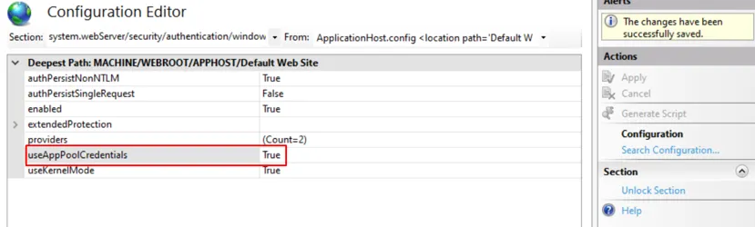 Setting useAppPoolCredentials to true in the IIS configuration editor