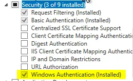 Installing IIS with the Windows Authentication role service