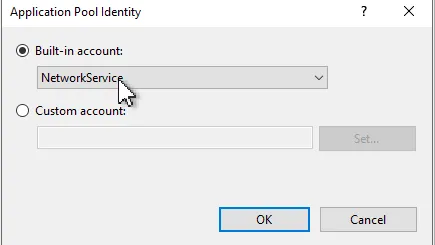 Setting the application pool identity to Network Service