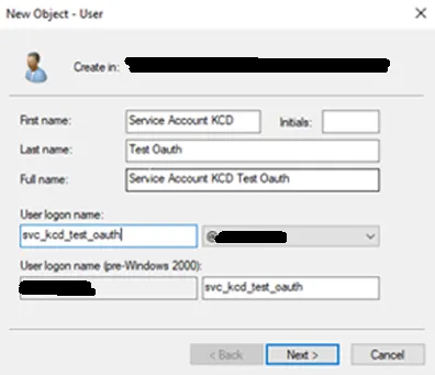 Creating the KCD service account in Active Directory Users and Computers