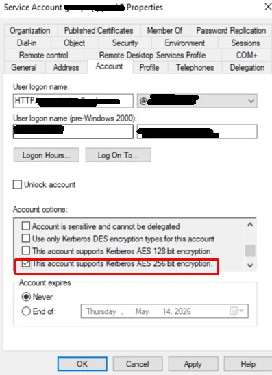 Enabling “This account supports Kerberos AES 256 bit encryption” on the service account