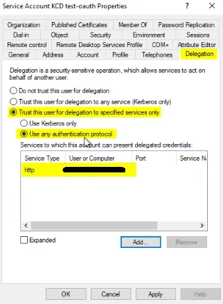 The Delegation tab on the service account, set to “Use any authentication protocol” with the target SPN added