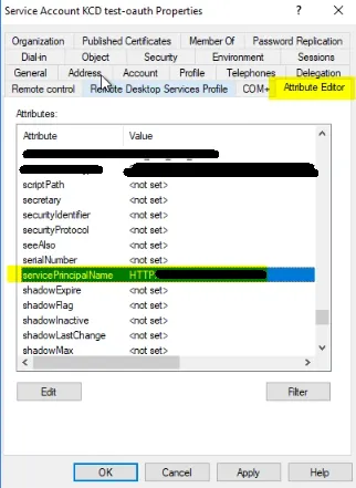 Verifying the servicePrincipalName attribute in the Attribute Editor